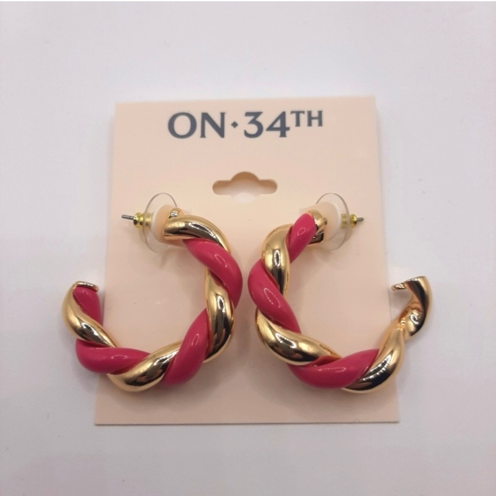 Pink and Gold Twisted Hoop Earrings